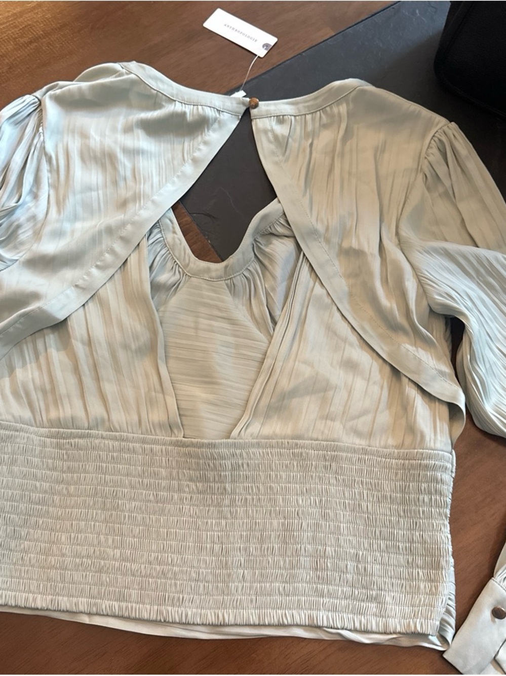 Anthropologie Scoop-Neck Pintuck Blouse in Sage Green - Picture 3 of 6